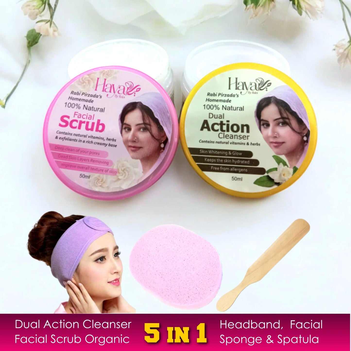 Haya by Rabi 5-in-1 set: facial scrub, dual cleanser, headband, sponge, and spatula.