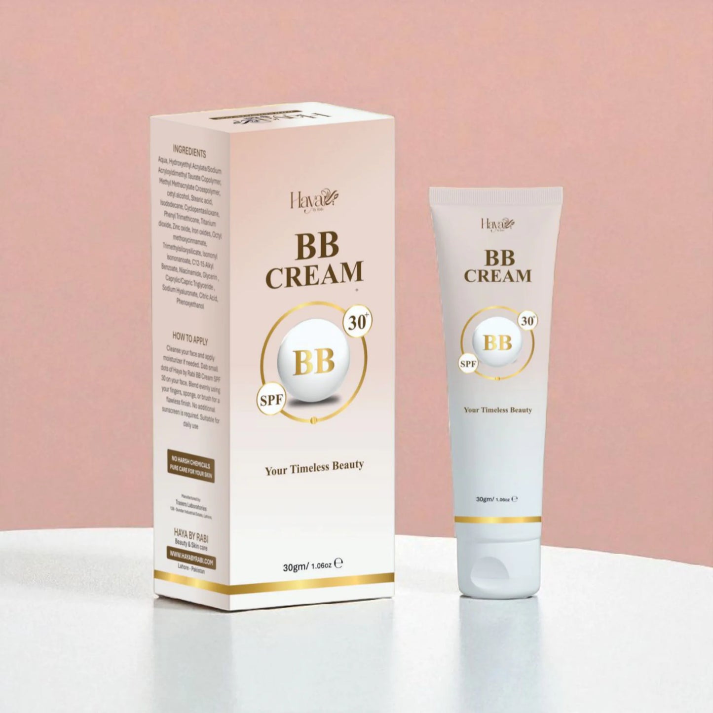 Haya by Rabi BB Cream 30g packaging on a white table with a soft pink backdrop.