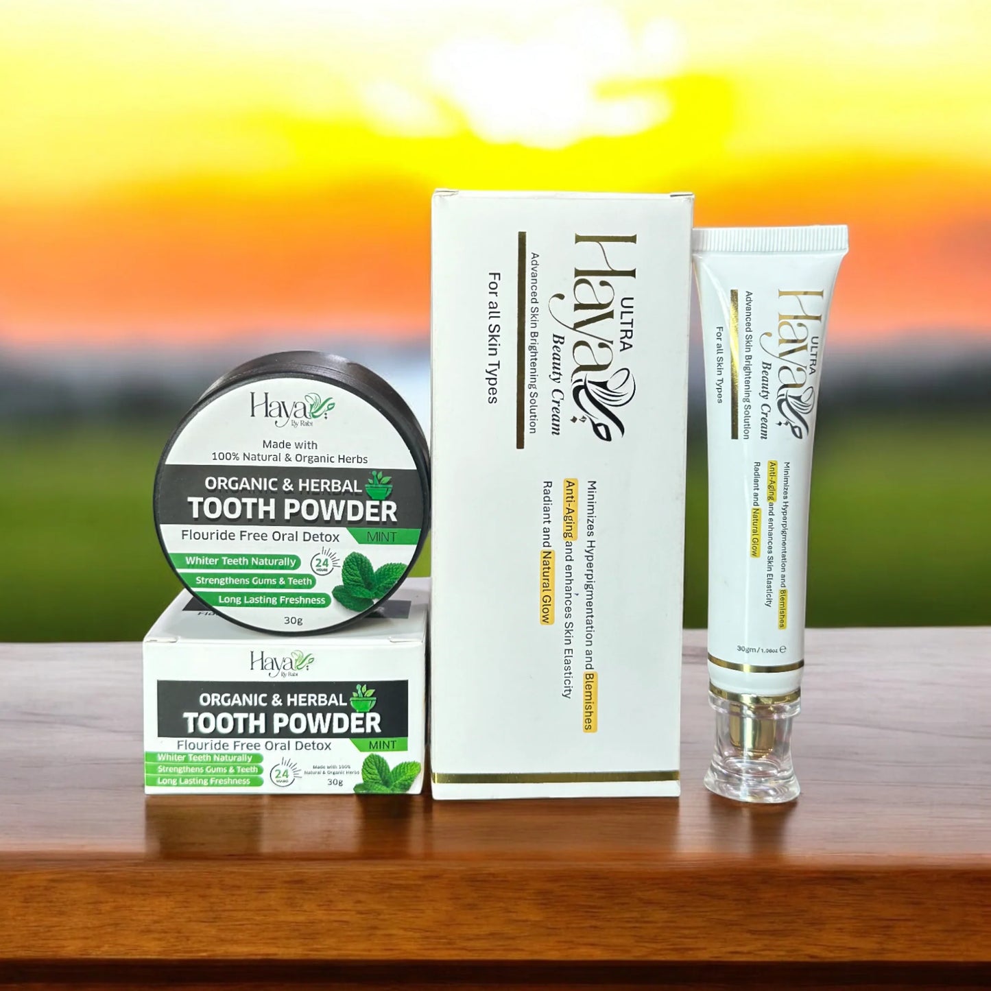Haya by Rabi Ultra Beauty Cream and Organic Herbal Tooth Powder for skin glow and oral detox.