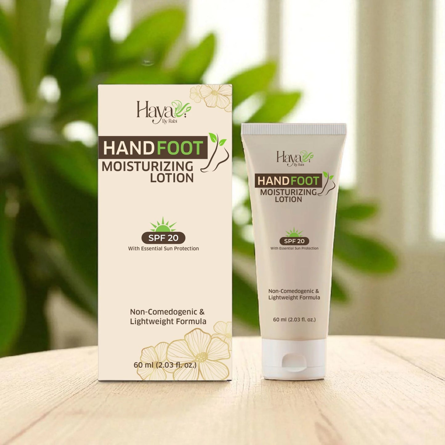 Haya by Rabi Hand & Foot Moisturizing Lotion with SPF 20 for non-comedogenic sun protection.
