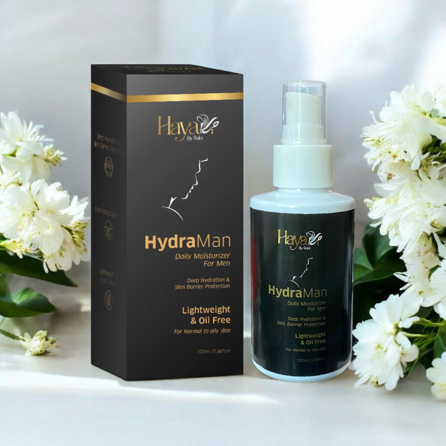 Haya by Rabi HydraMan 100ml lightweight oil-free moisturizer for men's skin barrier protection.
