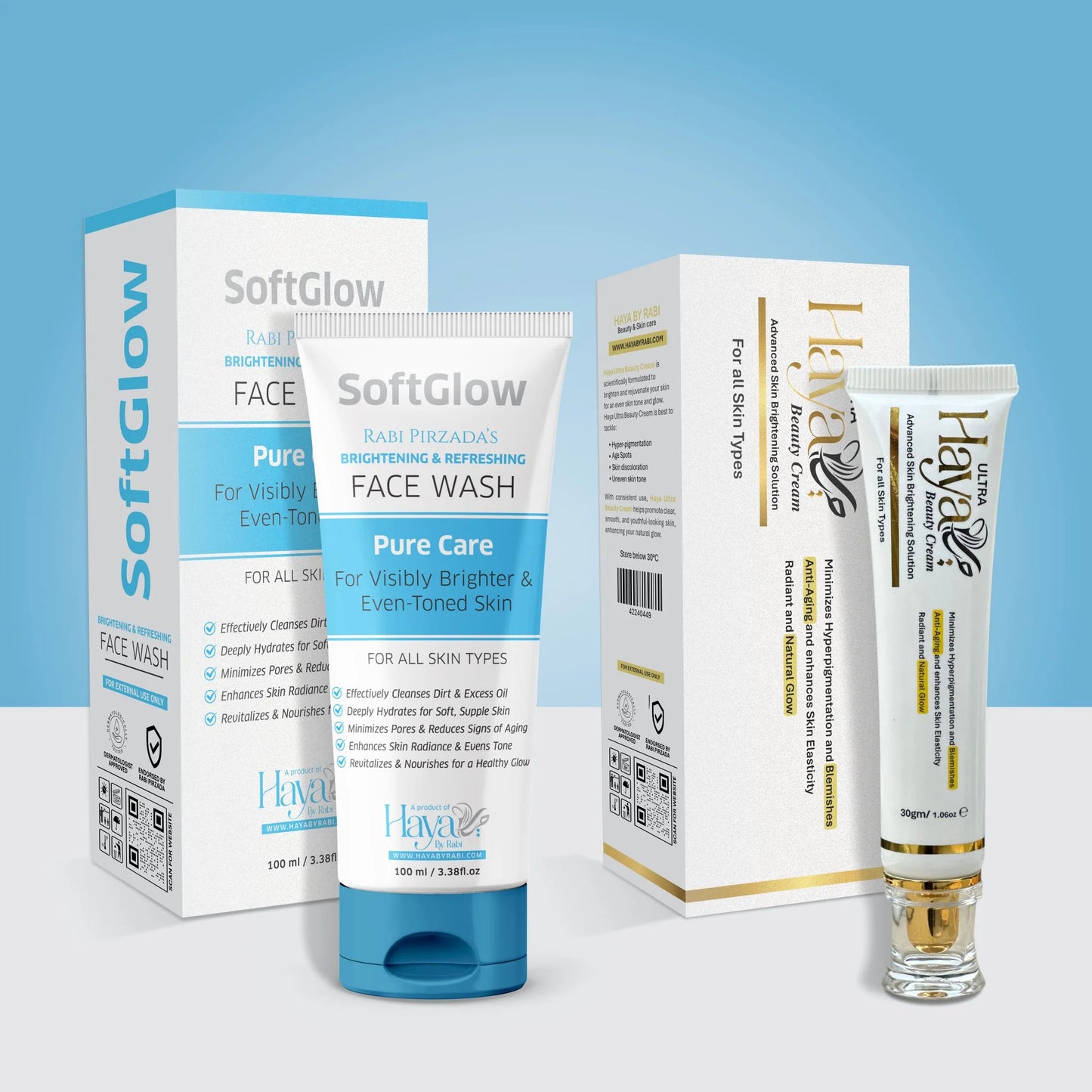 Haya by Rabi SoftGlow Face Wash and Ultra Beauty Cream set for even-toned skin and radiant glow.