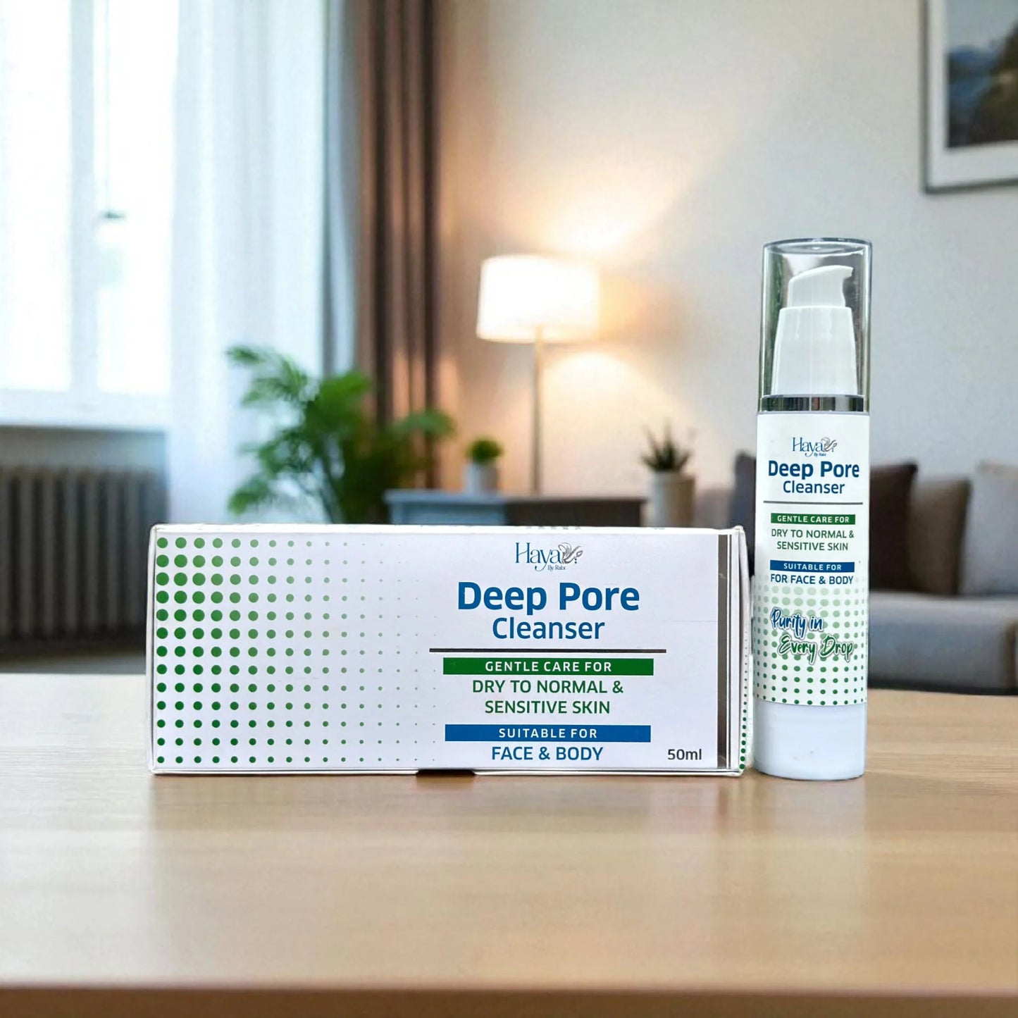 Haya by Rabi Deep Pore Cleanser 50ml displayed on a wooden table in a living room.