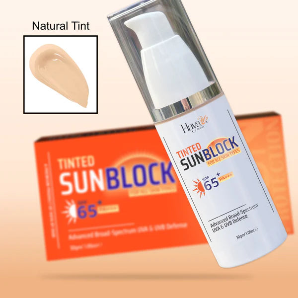 Haya by Rabi Tinted Sunblock SPF 65 with natural tint swatch for all skin types.