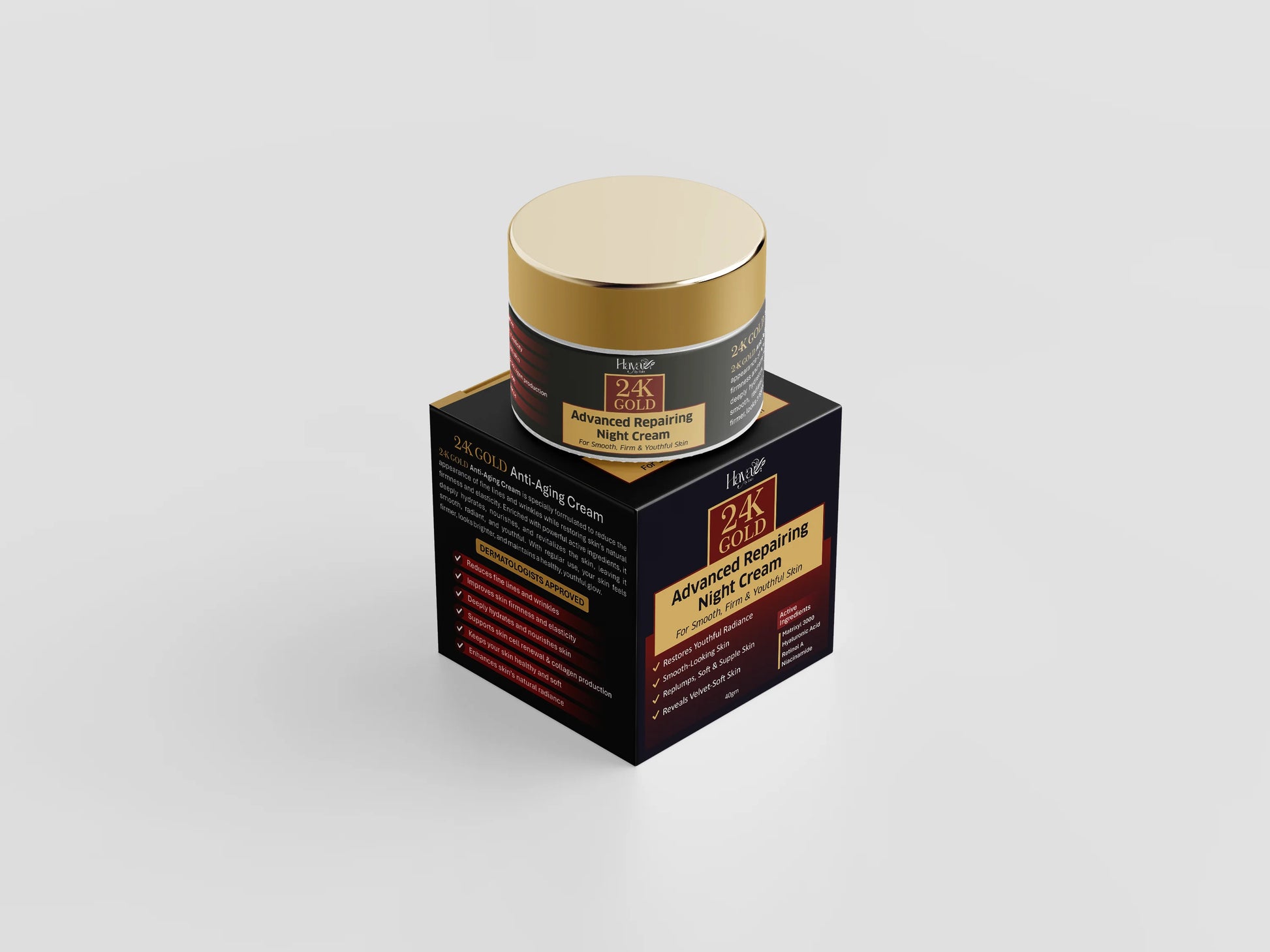 Haya by Rabi 24K Gold Anti-Aging Night Cream with Hyaluronic Acid and Retinol for skin repair.