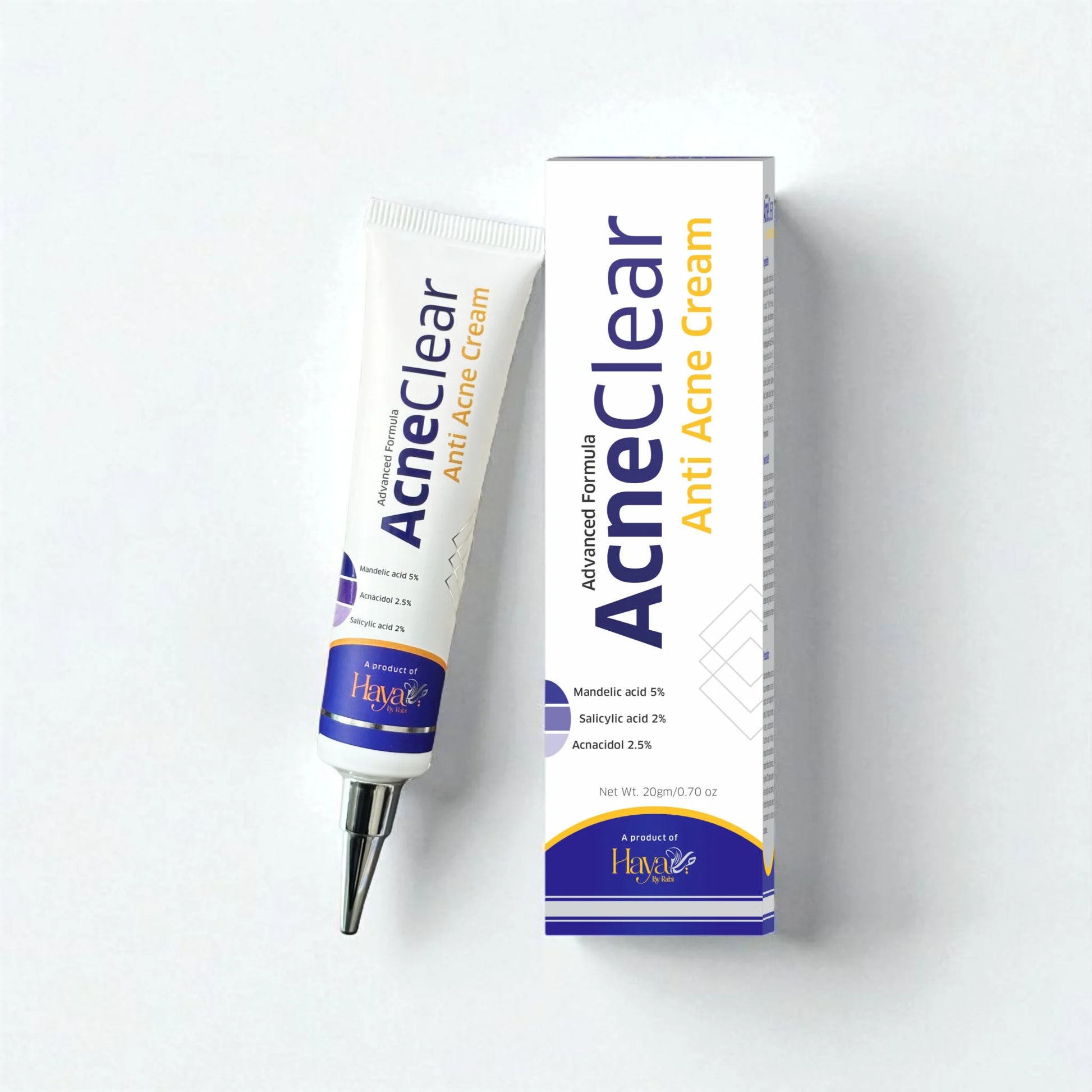 Haya by Rabi AcneClear Anti Acne Cream with Mandelic Acid and Salicylic Acid for clear skin.