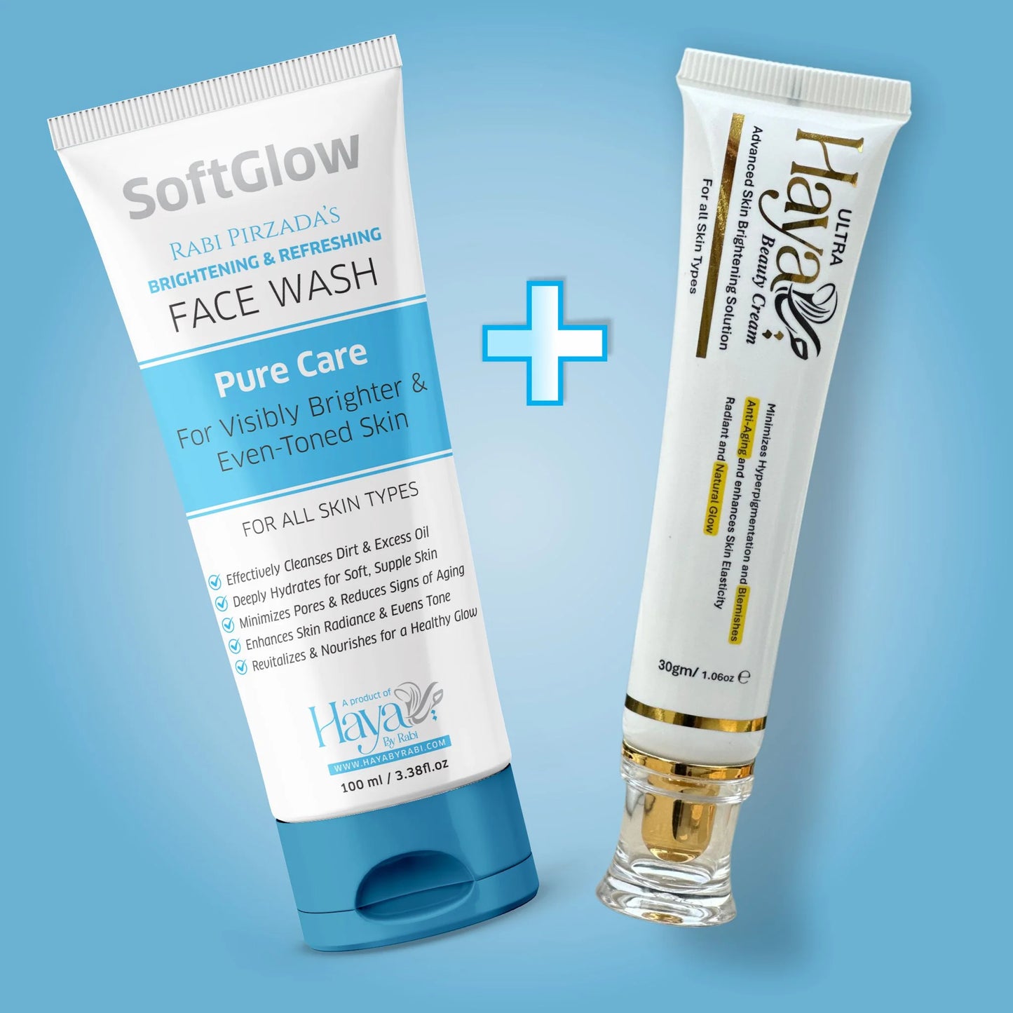 Haya by Rabi SoftGlow Face Wash and Ultra Beauty Cream brightening skincare routine.