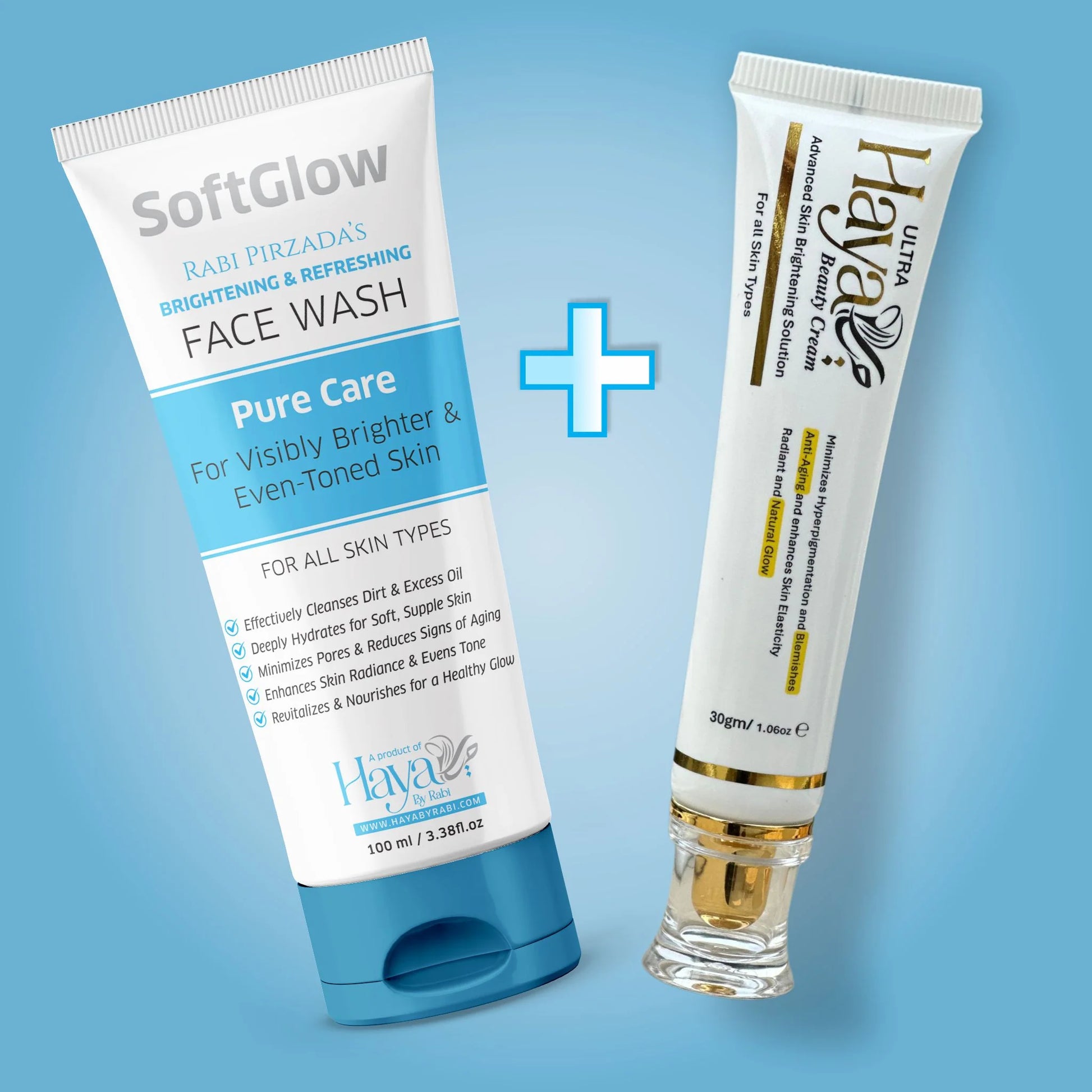 Haya by Rabi SoftGlow Face Wash and Ultra Beauty Cream brightening skincare routine.