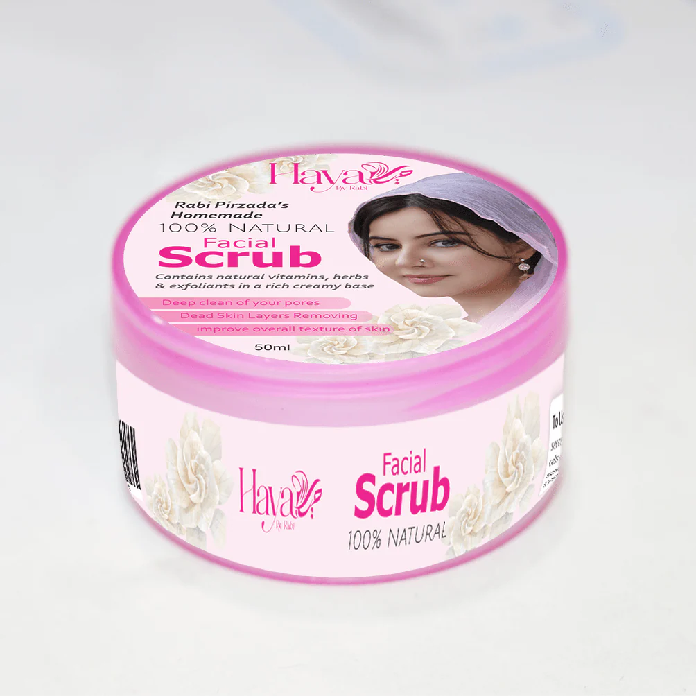 Haya by Rabi 100% natural facial scrub 50ml jar for deep pore cleaning and skin texture.