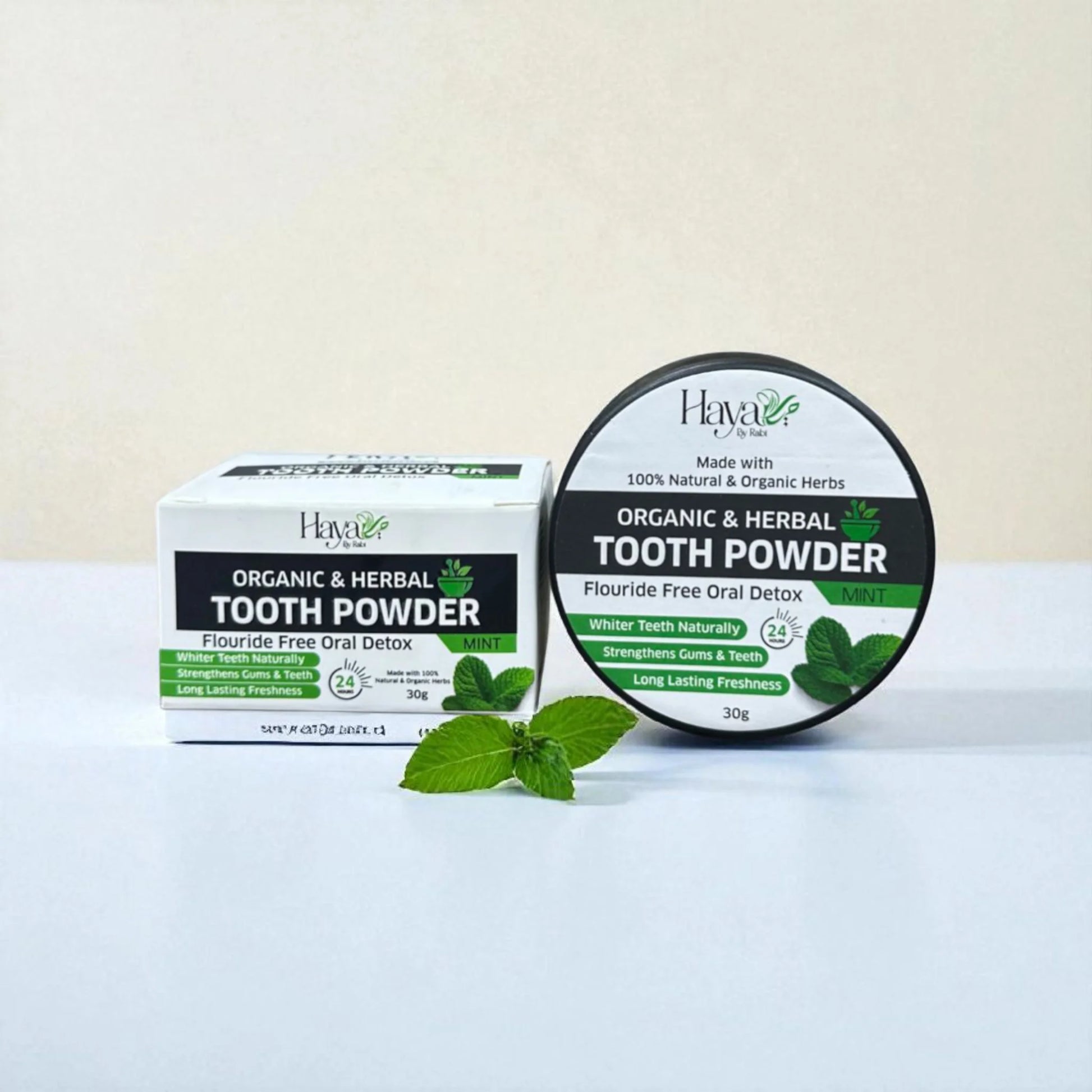 Haya by Rabi Fluoride Free Oral Detox tooth powder with herbal charcoal and mint leaves