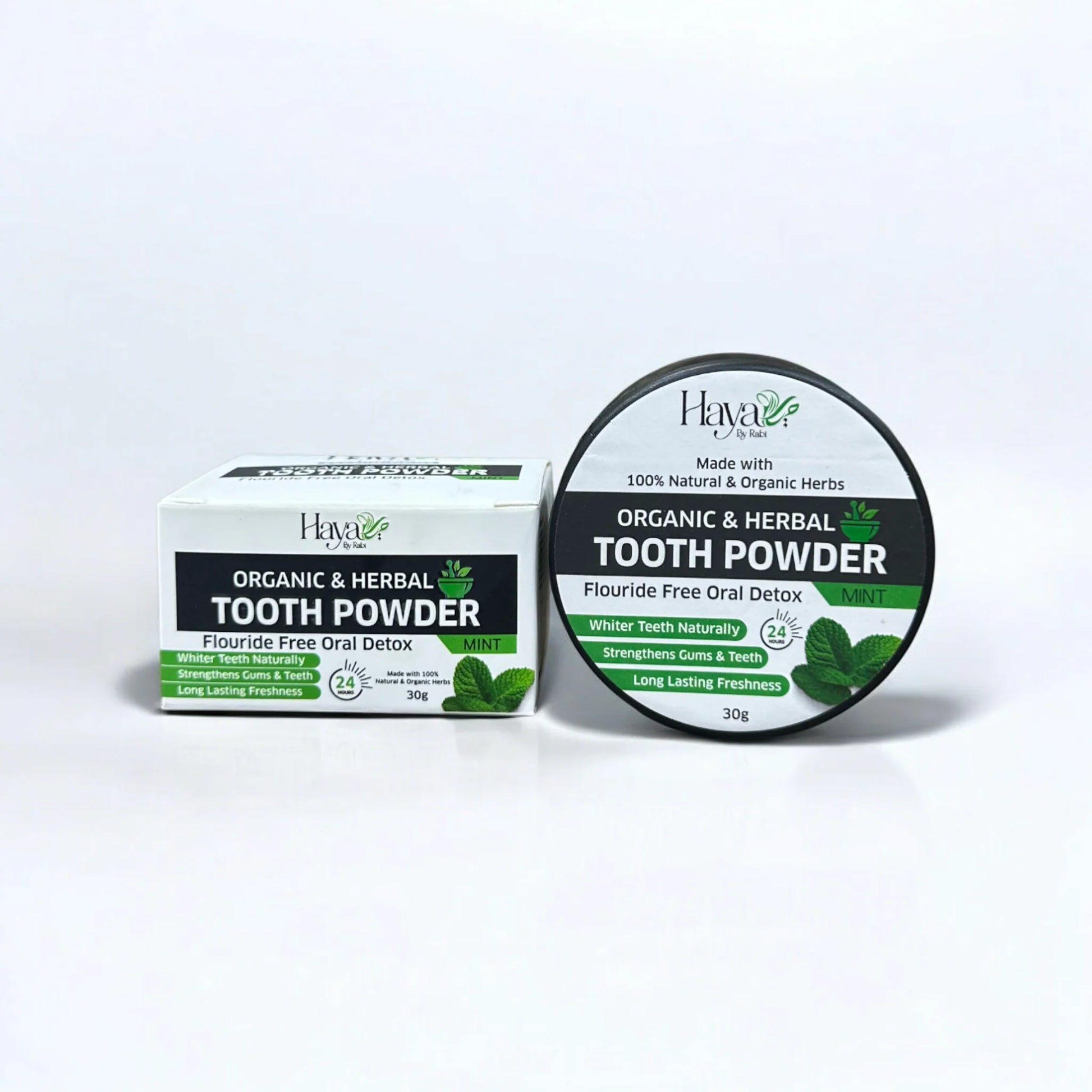 Haya by Rabi Organic Herbal Tooth Powder in Mint for natural teeth whitening and gum health