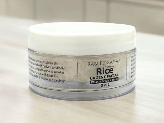 Rabi Pirzada's Rice Urgent Facial 3-in-1 wash, scrub, and mask for brightening.