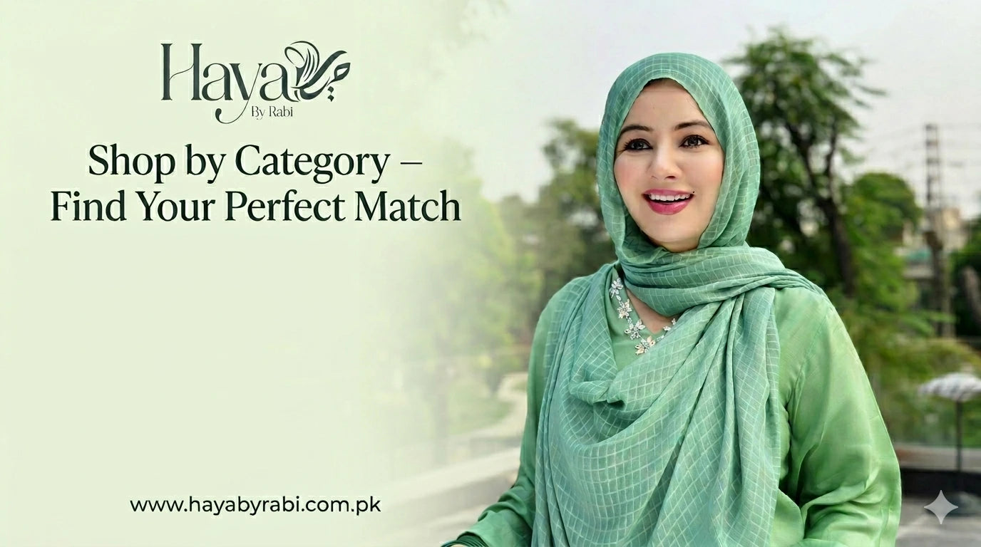 Woman in green hijab showcasing Haya by Rabi modest collection categories.