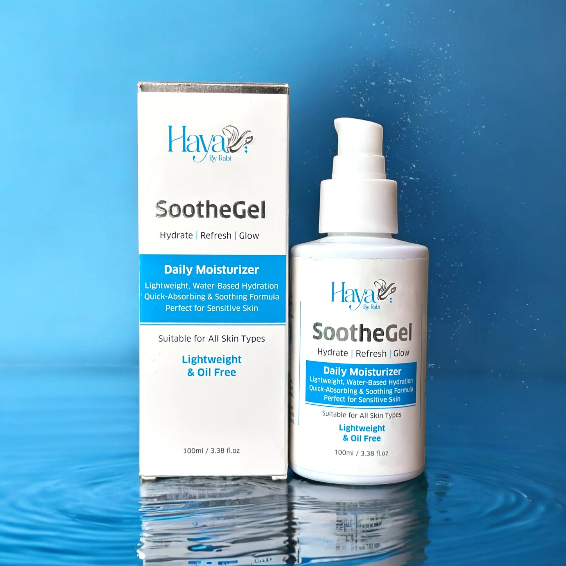 Haya by Rabi SootheGel daily moisturizer in a 100ml pump bottle on a blue water surface.