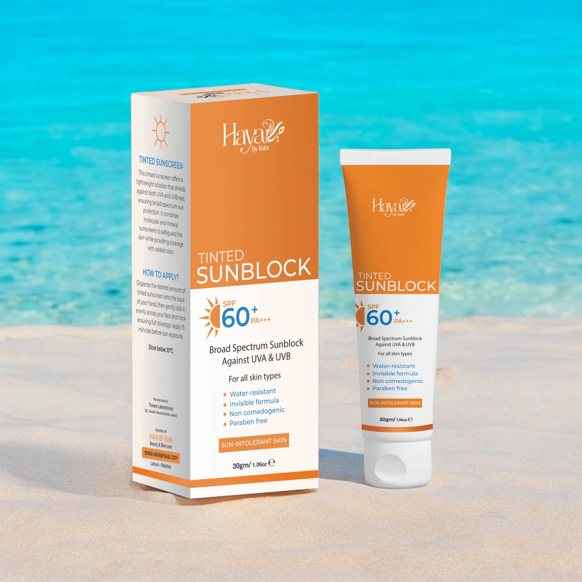 Haya by Rabi Tinted Sunblock SPF 60 water-resistant formula for sun-intolerant skin.