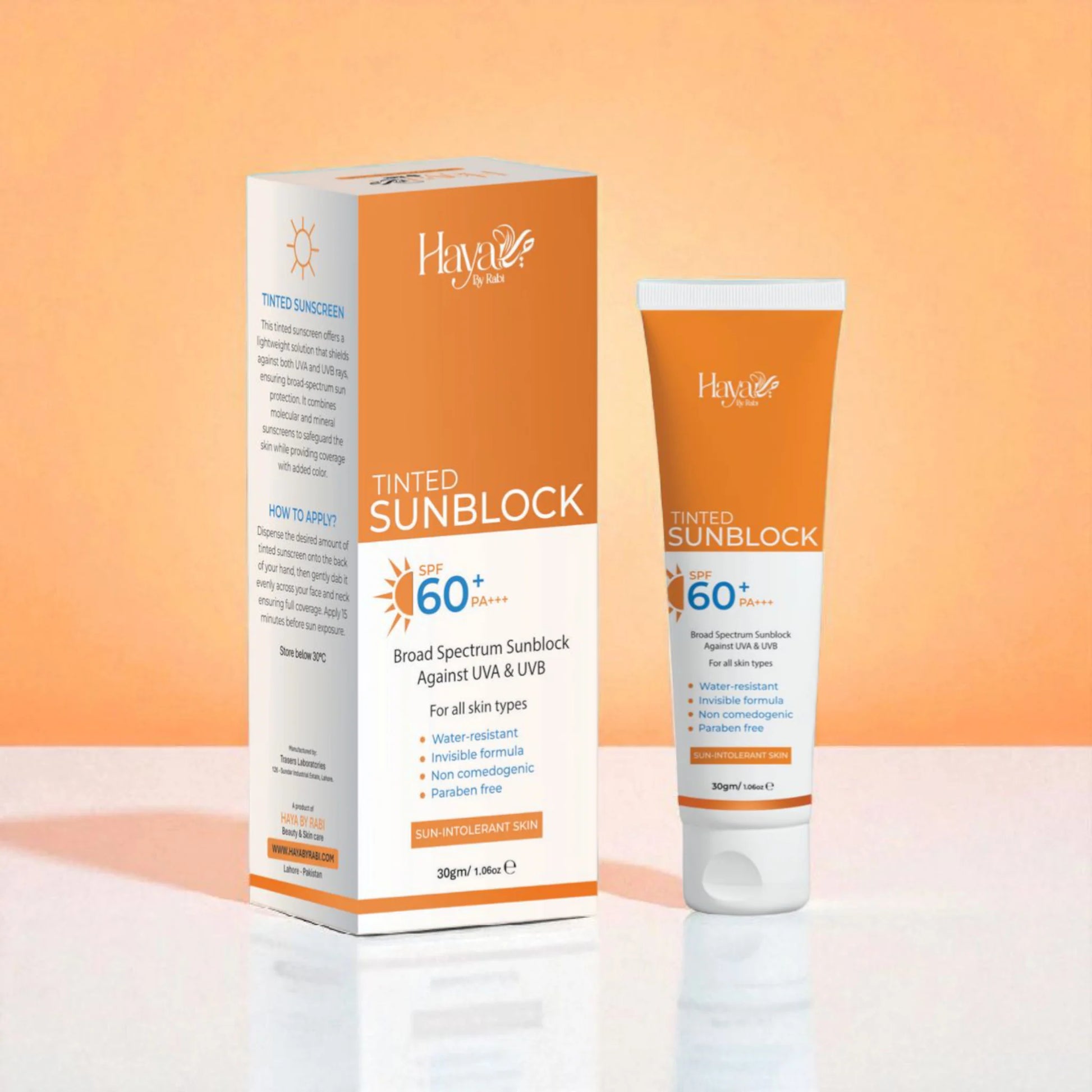 Haya by Rabi Tinted Sunblock SPF 60 PA+++ broad spectrum UVA and UVB defense for all skin types.