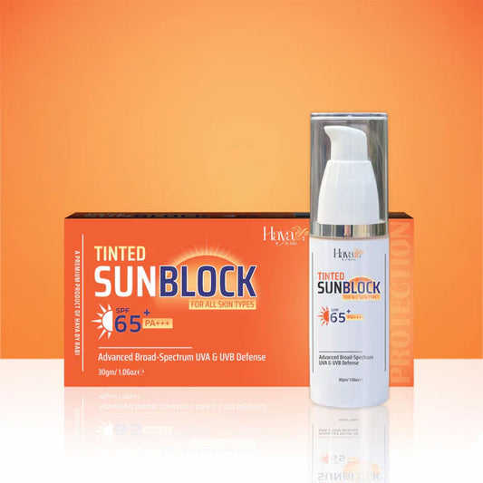 Haya by Rabi Tinted Sunblock SPF 65+ PA+++ Advanced Broad-Spectrum UVA UVB Defense.
